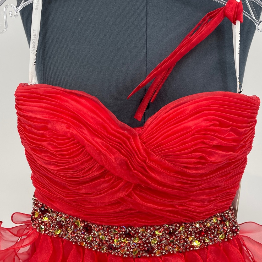 Sherri Hill Red CORKSCREW Ruffled Dress WOMENS SIZE 0 NWT GEMSTONE WAISTBAND - Picture 3 of 15